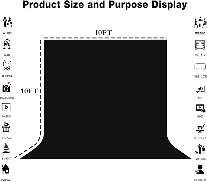 Black Photography Backdrop for Photoshoot, Fabric 10x10ft | Polyester Studio Photo Backgrounds, Non Reflective, Easy to Hang, for Portrait Shoot, Product, Party Decor, Video Creation - Image 8
