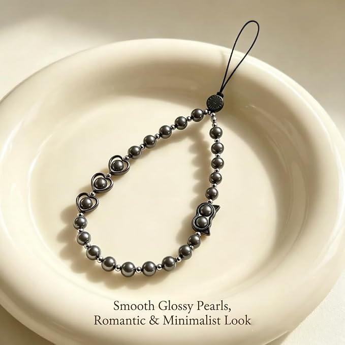 Phone Charm Beaded Strap Cute Cell Phone Wrist Straps String Accessories Hand Aesthetic Lanyard Wristlet Chain for iPhone 17 Pro Camera Case AirPods Bags Keychains Women Girls Gray Pearl - Image 3