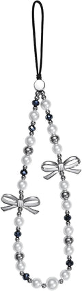 Cell Phone Charm Strap Pearl Beaded Elegant Dark Crystal Camera Lanyard Wrist Luxury Aesthetic Cute Chain Bracelet Handmade Chic Wristlet Accessories for iPhone Samsung Women Girls Silver Bow Faux by Casecond