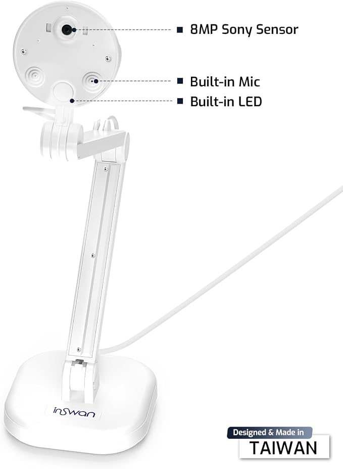 INS-1 Classic USB Document Camera/Webcam, 8MP, Built-in LED, Mic | Auto Focus, Plug & Play, Compatible with Windows / Mac / Chromebook for Distance Learning, Live Demo, Online Teaching, White - Image 7