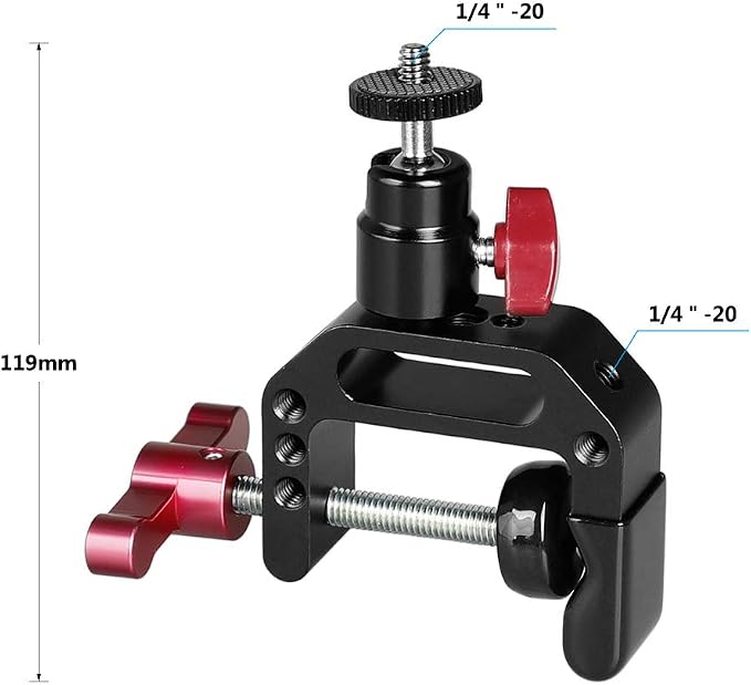 CAMVATE C Clamp Articulated 1/4"-20 Mini Ball Head Support Holder (Red Locking Knob) - 2172 - Image 2