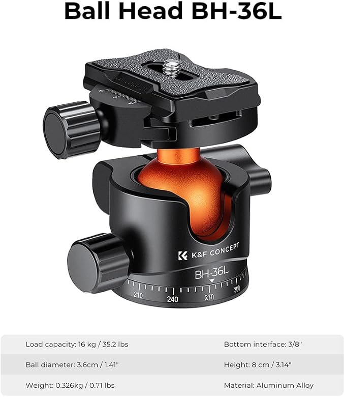 K&F CONCEPT 36mm Metal Tripod Ball Head 360 Degree Rotating Panoramic with 1/4 inch Quick Release Plate Bubble Level for Monopod Camera Camcorder Load Capacity up to 35.2 lbs/16KG | 3/8" Screw Head, 1/4" Quick Plate, Adapter, for Tripod/Camera - BH36L - Image 2