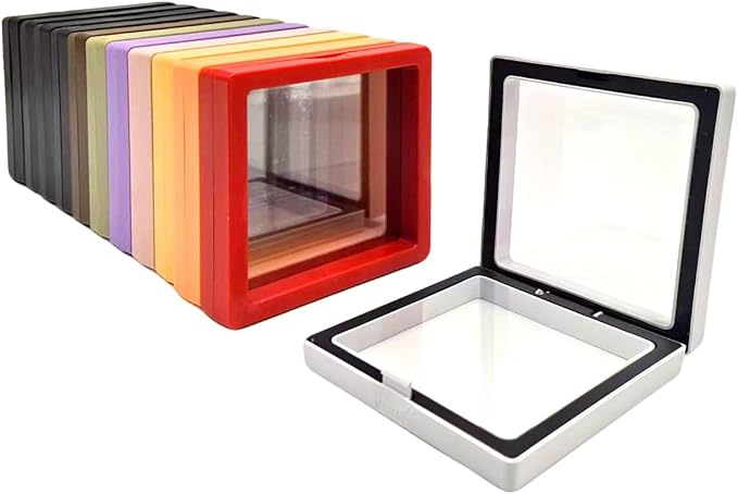12 PCS Dual-Color Packaging Box 3D Floating Frame Display Stand, Color-Matching Packaging Display Box, Transparent Window Jewelry Case, PE Film Anti-Oxidation Storage Case. (Mixed Multi-Color) by Unknown