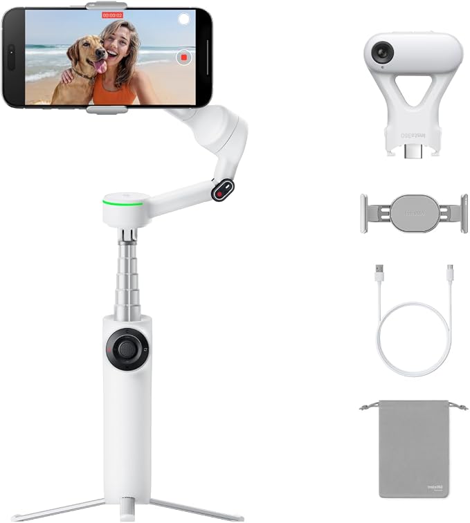 Insta360 Flow 2 Pro AI Tracker Bundle White - Industry-First AI Phone Gimbal with Apple DockKit, Pioneering 360º Pan Tracking, Free Tilt, Built-in Tripod/Selfie Stick, Portable Vlog/Travel Stabilizer by Unknown