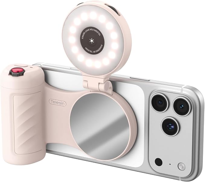 TELESIN Ultra-Slim Phone Camera Grip with RGB 360° Selfie Light & Mirror | Enhance Zoom Fun Shot 18N Strong Magnet Grip for iPhone/ Android Native Camera Control, No Need App for iOS26/17/18, 1/4 Nut by telesin