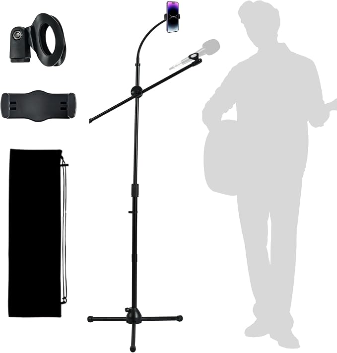 Microphone Floor Stand, Mic Stand Floor with Phone Holder Height Adjustable, Heavy-duty Tripod Stable Stand with Boom Arm Dual Device Mount for Streaming, Podcasting, Recording, and Live Performances by Hi-ERA