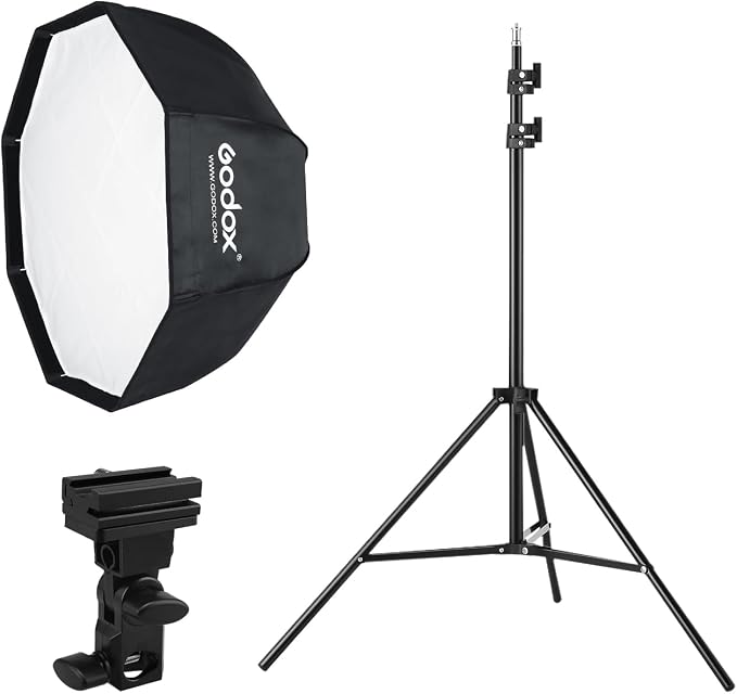 Godox Photo Studio 80cm 31.5in Portable Octagon Umbrella Softbox | 190cm Light Stand with Hot Shoe Holder Bracket kit for Flash Speelidte by GODOX