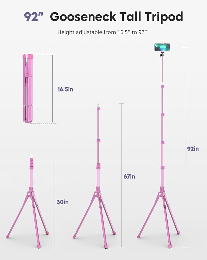 Aureday Phone Tripod, 92" Cell Phone Stand with 15" Gooseneck, Remote and Phone Holder, Overhead & Selfie Stick for Recording/Watching/Vlog, Compatible with iPhone Android, Pink - Image 5