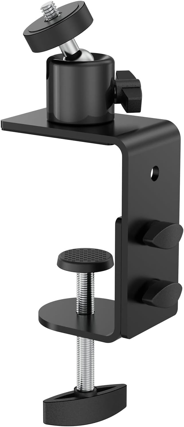 C-Clamp Mount with 360 Degree Ball Head & 1/4 Screw Adapter for Camera | Compatible with Go Pro, Ring, Google Nest, Wyze, and Arlo, Fits Desk/Railing/Branch/Handlebar, Metal, Black (60mm) by RichBird