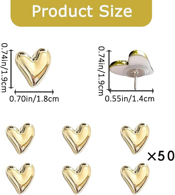 50 pcs of Cute Soft Wooden Board thumbtack with Golden Hearts can be Used for Photo Walls, memos, whiteboards, and Decorative thumbtack (Golden) - Image 3