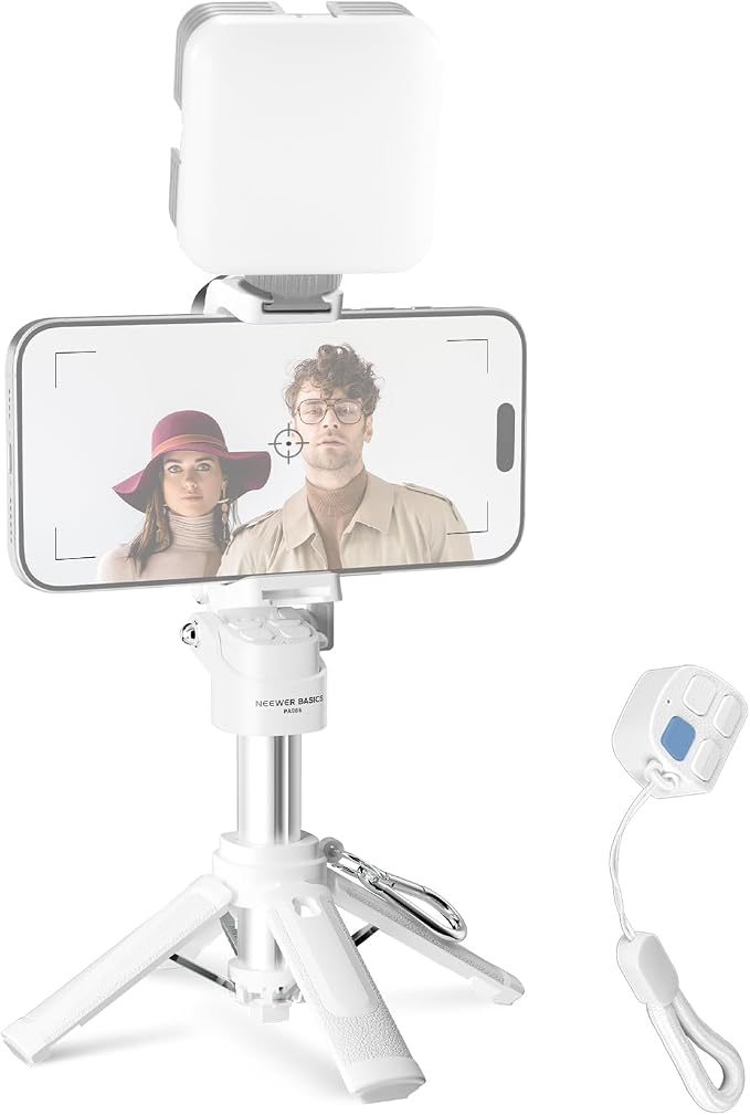 NEEWER Mini Tripod for Phone, Lightweight Foldable Small Selfie Stick Cell Phone Clamp Desk Stand with Remote & Cold Shoe Mounts Compatible with iPhone Android Samsung for Video Recording, PA986 White by Neewer