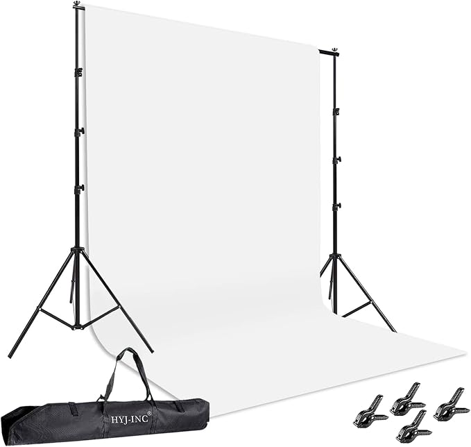 Photo Background Support System with 8.5 x 10ft Backdrop Stand Kit, 100% White Cotton Muslin Backdrop,Clamp, Carry Bag for Photography Video Studio by HYJ-INC