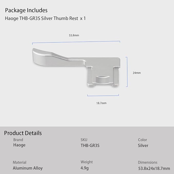 Haoge THB-GR3S Metal Hot Shoe Thumb Up Rest Hand Grip for RICOH GR III X GRIII GR3 GR3X GR IV GR4 Camera Silver - Image 6
