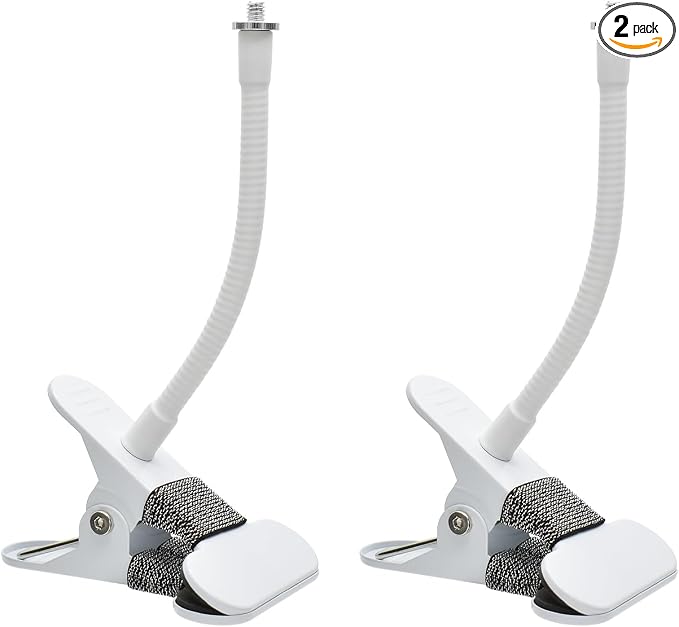 Indoor Outdoor Security Camera Flexible Clip Mount, White, 2-Pack | Universal 1/4"-20 threaded clamp bracket, fits Ring/Blink/Wyze/Arlo and more, 15cm adjustable gooseneck arm by Holicfun