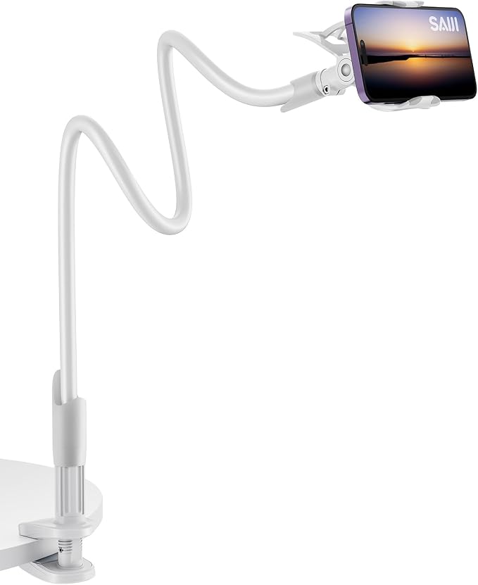 SAIJI Gooseneck Cell Phone Holder, Clamp Universal Lazy Mount Clip Hands Free Flexible Long Arm Bracket Grip for 4.0-6.3 Phones Mobile Stand Baby Monitor for Desk, Bed, Office, Kitchen (White) by SAIJI