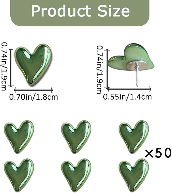 50 pcs of Cute Soft Wooden Board thumbtack with Golden Hearts can be Used for Photo Walls, memos, whiteboards, and Decorative thumbtack (Green) - Image 2