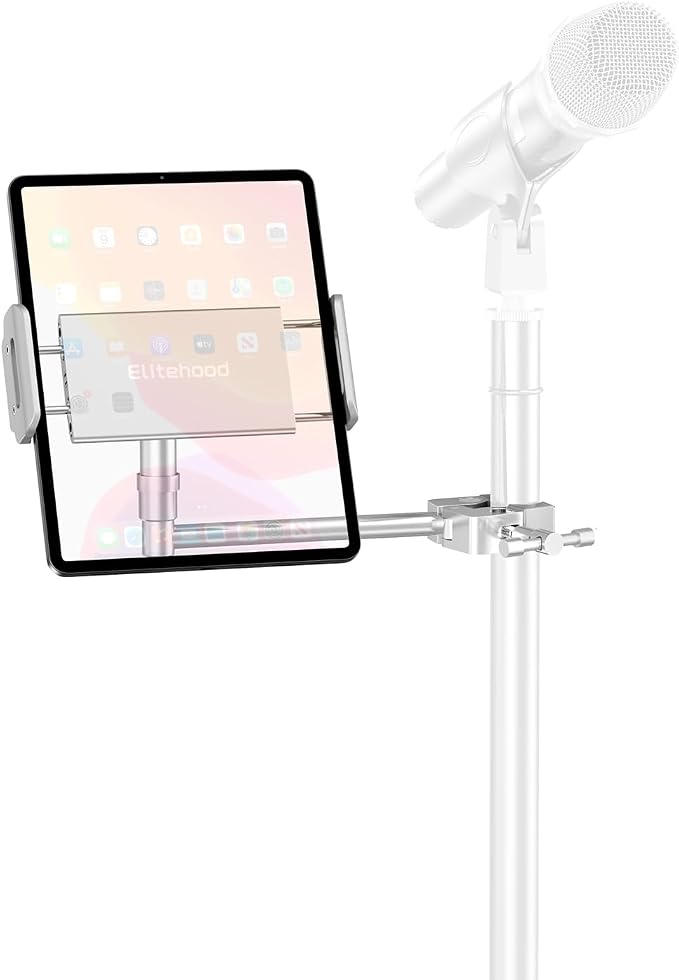 elitehood iPad Holder for Mic Stand, Aluminum Side Mount iPad Music Stand | 360° Swivel Tilt Adjustable Tablet Holder for Microphone Stand, Heavy Duty iPad Clip Attachment for 4.7-13in Tablets, Silver by Builtyourelitelive