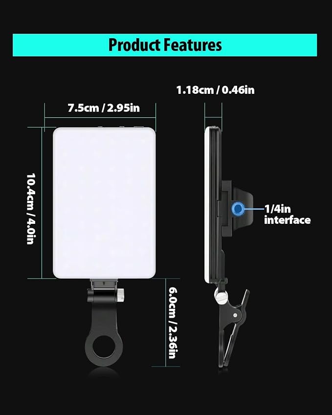 60 LED Portable Selfie Light Video Conference Lighting with Clip & Camera Tripod Adapter Rechargeable 2000mAh CRI 97+, 3 Light Modes for Phone iPhone Webcam Laptop Photo Makeup (Black) - Image 5