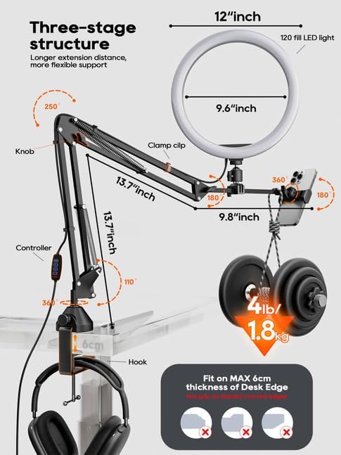 Upgrade Ring Light Overhead Phone Mount, 12”Circle LED Desk Ring Light with Clamp for Video Recording,Flexible Articulating Phone Arm Stand Compatible with iPhone,Live Streaming YouTube Tiktok - Image 7