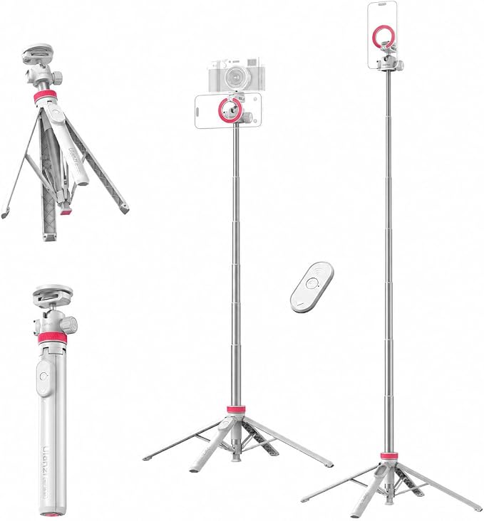 ULANZI MT44M Auto Open Magnetic Phone Tripod, 59" Selfie Stick with Remote | Tripod Stand 2-in-1 Dual Mount&1/4" Screw for Phone&Camera, 360°Ball Head for iPhone Android, Vlogging, Live Streaming(White) by ulanzi