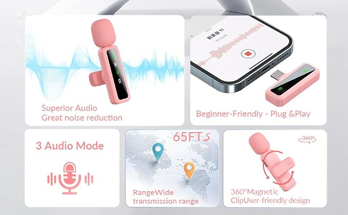 Wireless Lavalier Microphone for iPhone - iPad, Android Phone Computer, Mini Microphone for Live Streaming, Video Recording, Outdoor or Indoor Interviews, YouTube, TikTok, Vlog (Pink) - Image 3