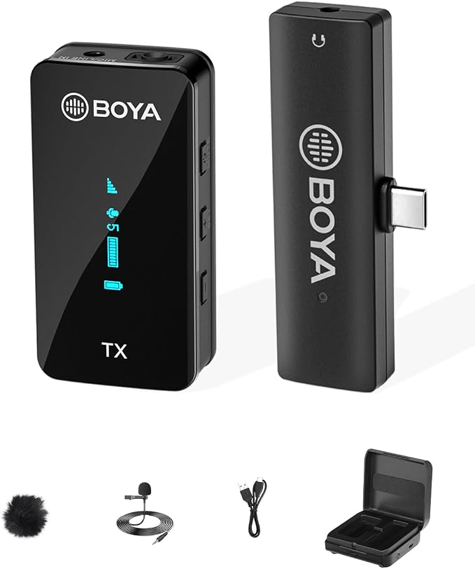 BOYA BY-XM6-K5 Wireless Lavalier Microphone for Android/Laptop with Charging Case & Mono/Stero,OLED Diplay Wireless USB-C Microphone for Vlogging,YouTube,Tiktok Live Stream, Video Recording by BOYA