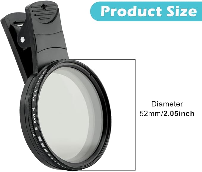 52MM Variable ND2-ND400 Filter, Clip-on Phone Lens ND Filter Kit Multi-Coated Adjustable Neutral Density Filter Compatible with iPhoneSamsung/Android Smartphones(Color:Black) - Image 6