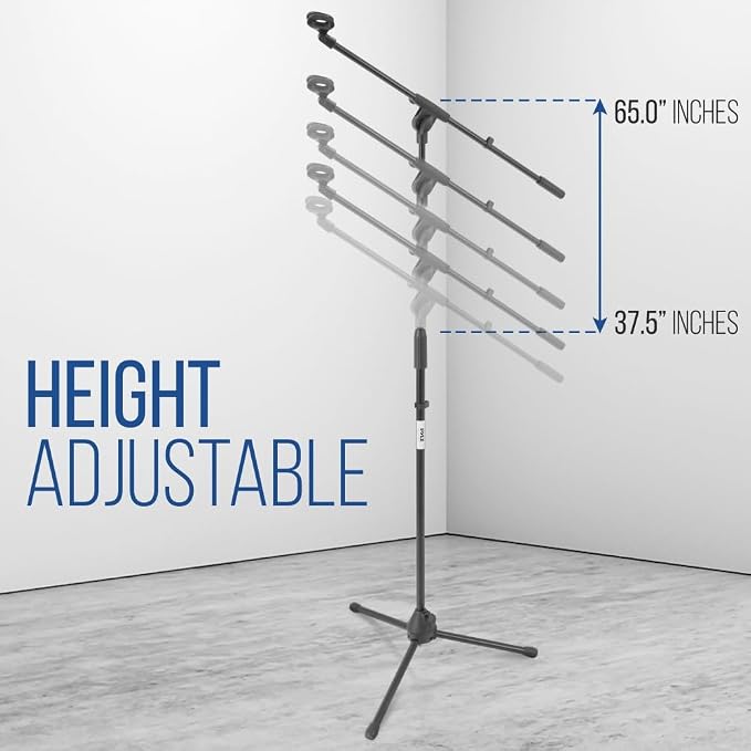 Pyle Foldable Tripod Microphone Stand - Universal Mic Mount and Height Adjustable from 37.5'' to 65.0'' Inch High w/ Extending Telescoping Boom Arm Up to 28.0'' - Knob Tension Lock Mechanism PMKS3 - Image 2