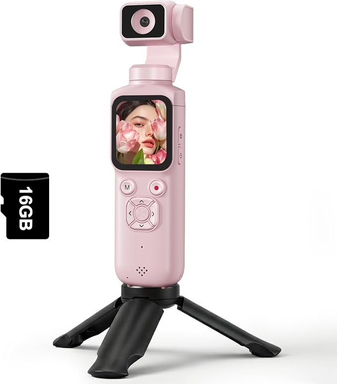 4K Vlogging Camera, Pocket Digital Camera, 330° Rotating Lens | Auto subject framing and WiFi sharing for YouTube, TikTok and travel, includes 16GB card, mini tripod and carrying bag by LmzourCamera