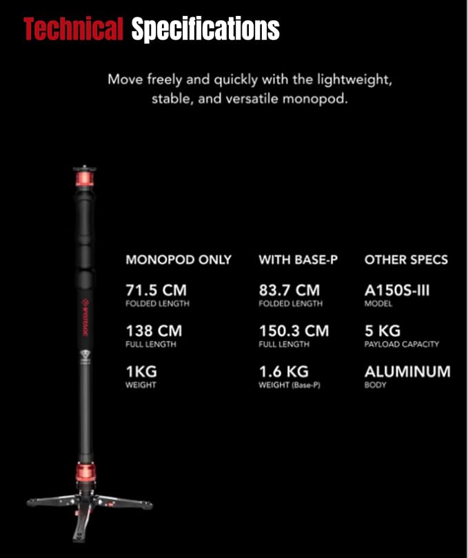 IFOOTAGE Cobra 3 A150S Strike Monopod, Pedal Locking Control, One-Step Rapid Height Adjustment, Professional Photography Monopod for SLR Cameras and Camcorders (59") - Image 9