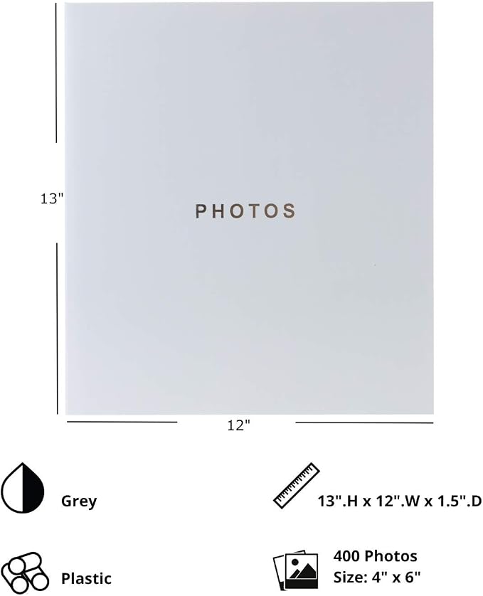 Kiera Grace 400-Pocket Jocelyn Simple & Classic Photo Album for Home & Office with CD Storage Pocket, 13.19"x12.01"x1.5" to Display 400 4"x6" Pictures, Gray - Image 3