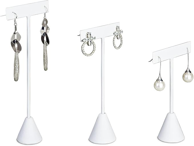 Ikee Design 6Pcs Set Earring Stand Display 3 Different Heights,black Velvet | MULTI-HEIGHT EARRING DISPLAY: White faux leather with a stable metal base for various earring sizes; 2.5"W x 5.5"H. - Image 3