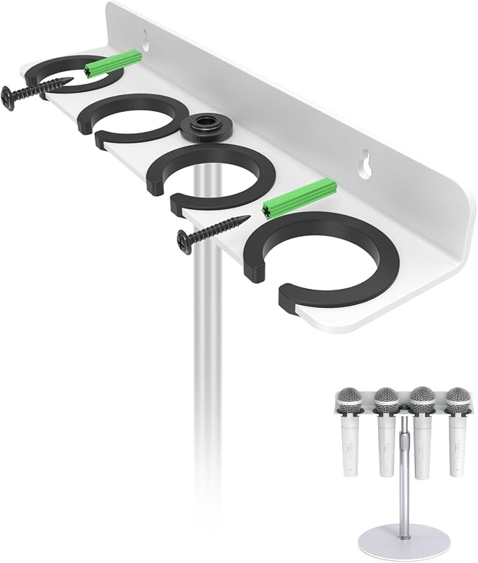 Multi Mic Holder, Wall Mount for 4 Handheld Wired/Wireless Mics, White | Compatible with 5/8-27 & 3/8-16 Thread Stand, Rubber Pad Protection, Easy Access for Church/Stage/Podcast, Sturdy Metal Build by EtourAudio