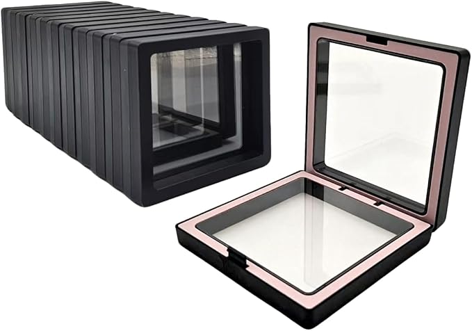 12 PCS Dual-Color Packaging Box 3D Floating Frame Display Stand, Color-Matching Packaging Display Box, Transparent Window Jewelry Case, PE Film Anti-Oxidation Storage Case. (Black+Pink) by Unknown