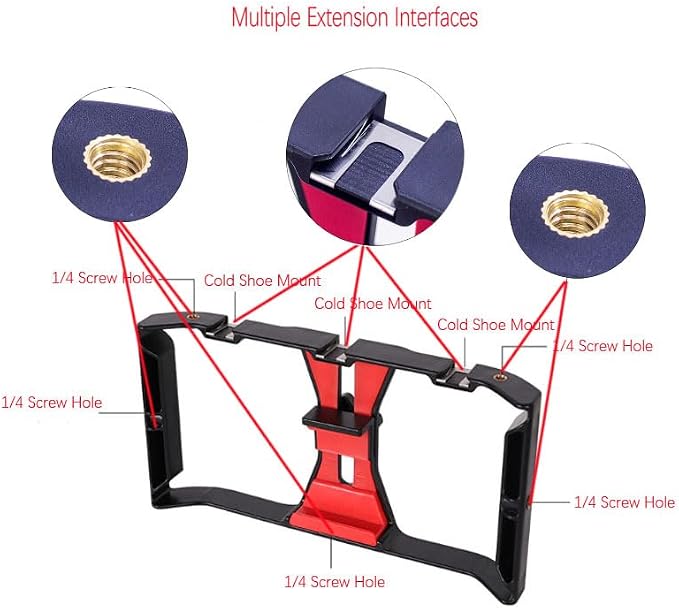 Smartphone Video Cage Rig, HuaerHui Handheld Phone Video Filmmaking Vlogging Stabilizer Grip Tripod Mount Fits Most Phones, with Cold Shoe Mounts, 1/4in Screw Holes to Connect LED Lights/Microphones - Image 6
