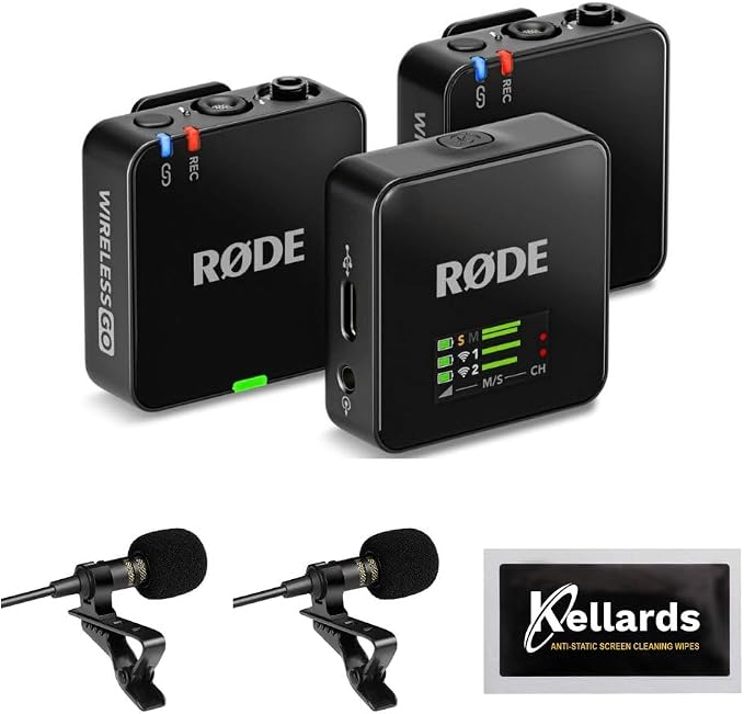 Rode Wireless GO (Gen 3) 2-Person Compact Digital Wireless Microphone Recorder Black Bundle with Grade Lavalier Lapel Microphone (2 Pack), Kellards Cleaning Cloth by R%C3%98DE