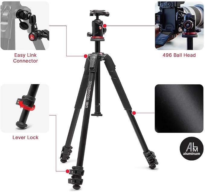 Manfrotto 190X AS, 3-Section Aluminum Camera Tripod, Photo-Kit with Ball Head, Ground Level, Arca-Swiss Plate, Quick Power Lever Lock, 22lbs Payload, for DSLR and Mirrorless, Photo Shooting Supports - Image 2