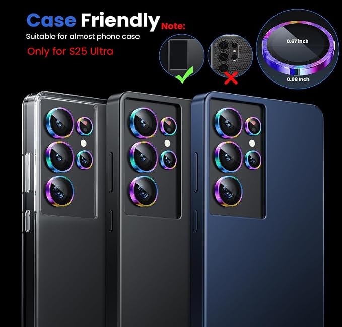 WSKEN for Samsung Galaxy S25 Ultra Camera Lens Protector - Ultra Thin | Case Friendly, 9H Shatterproof Tempered Glass, Anti Scratch Metal Circle, Camera Screen Protector Cover Accessories, Colorful - Image 5