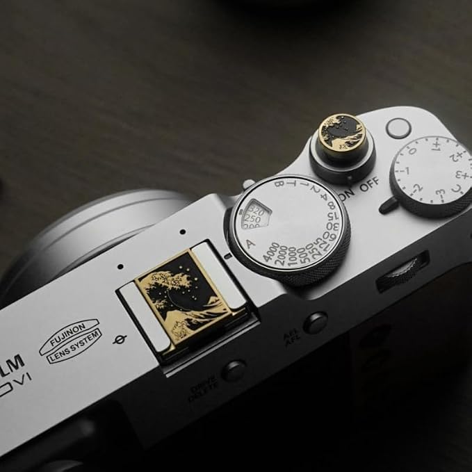 Wave Art Metal Hot Shoe Cover Shutter Button for Fuji X100VI Camera | Brass wave pattern protects the hot shoe and shutter button from dust and scratches For Fujifilm X100VI XT30 III For Nikon by DBZZ