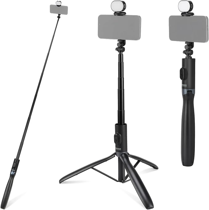 NEEWER Entry Level Version Selfie Stick Tripod with Light & Remote Compatible with iPhone Samsung Android, 67" Extendable Portable Travel Cell Phone Holder Stand for Video Recording Filming, PA987 by Neewer
