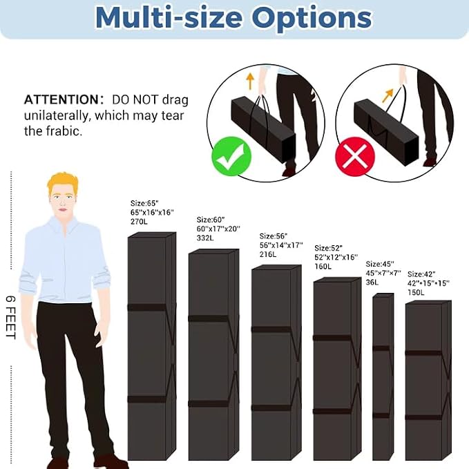 COOLBEBE 65" Sports Duffle Bag - 270L Extra Large Travel Duffel Luggage Bag | Upgrade 2-way Lockable Zippers, Sturdy & Water Resistant Long Duffle Bag for Tent Pole Camping Outdoor Moving (Black 65inch) - Image 6