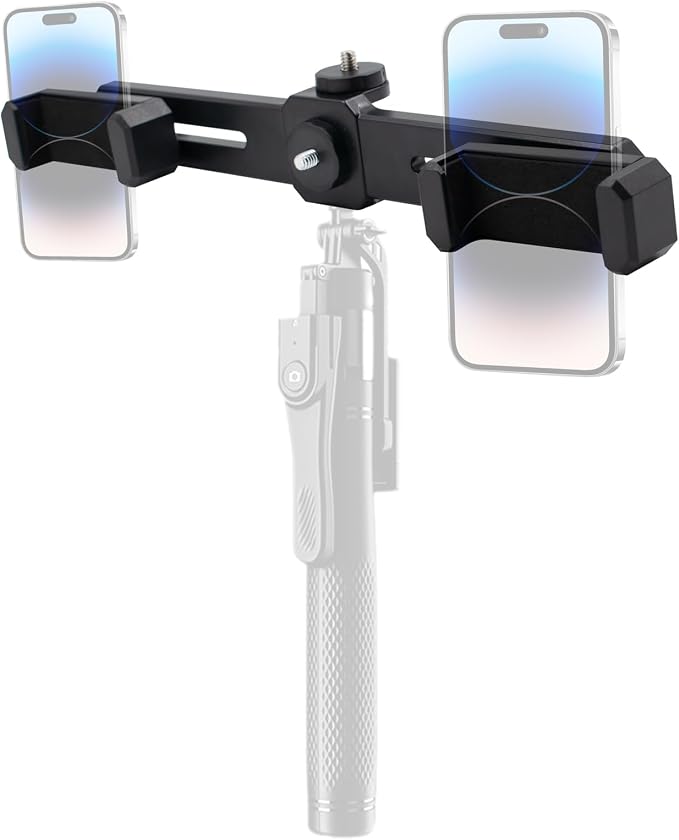 Dual Phone Holder Phone Tripod Mount Adapter, Universal 360° Rotation Adjustable Clip Stand for Vlog Live Streaming Video Recording, Compatible with 1/4'' Screws, Black - Image 4