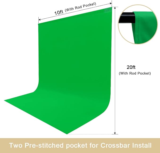 10X20ft Large Green Screen Backdrop for Photography, LCUIRC Two Rod Pocket Chromakey Collapsible Green Polyester Curtain with 4 Clamps for Photography, Zoom Meeting and Game Live Steaming - Image 2