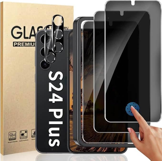 3+2 Pack Privacy Screen Protector And Camera Lens Protection for Galaxy S24 Plus 5G, Anti-Spy 9H Hardness Support Fingerprint Unlock Tempered Glass Screen Protector for Samsung Galaxy S24 Plus by Unknown