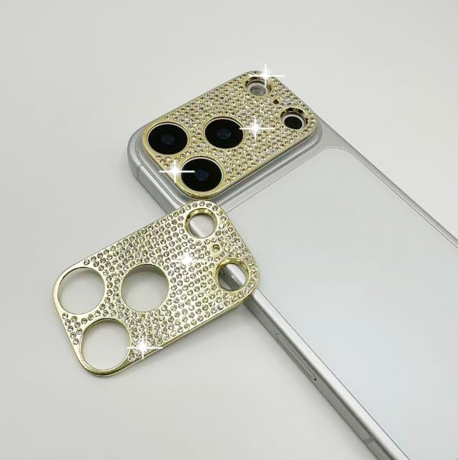 2 Pack Glitter Camera Lens Cover Protector for iPhone 17 Promax，Metal Bling Diamond Camera Lens Cover Sticker Protector (for iPhone 17 Promax-Gold) by GSRYPC