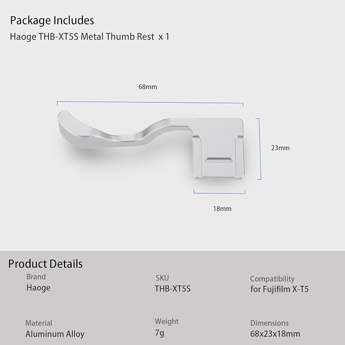 Haoge THB-XT5S Hand Grip Metal Hot Shoe Thumb Up Rest for Fujifilm Fuji X-T5 Camera Foregrip Silver - Image 6