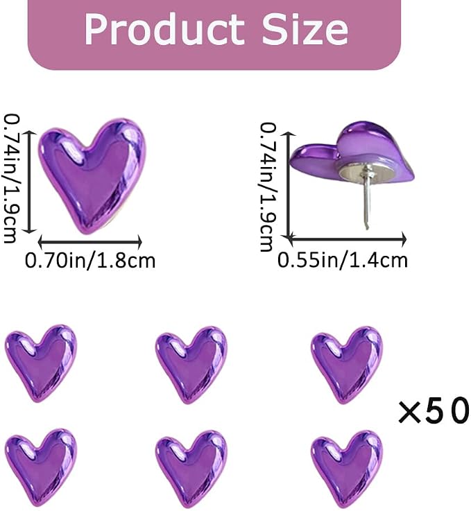 50 pcs of Cute Soft Wooden Board thumbtack with Golden Hearts can be Used for Photo Walls, memos, whiteboards, and Decorative thumbtack (Purple) - Image 2