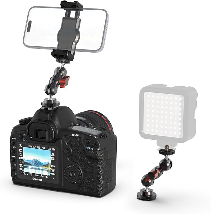 SOH Hot/Cold Shoe Phone Mount Holder, Universal 2 Ball Head Smartphone Mount Adapter, Cold Shoe Phone Clip Mount for iPhone 17/16/15, DSLR Camera LCD Camera Cage Flash LED Light Microphone and More - Image 2