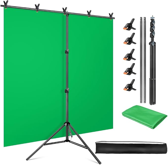 Green Screen Backdrop Stand Kit, 5x6.5FT Portable Greenscreen | Adjustable, carrying bag & 5 clamps, chromakey backdrop with T shape stand, for streaming, photography, gaming, zoom, video by YAYOYAPhotography