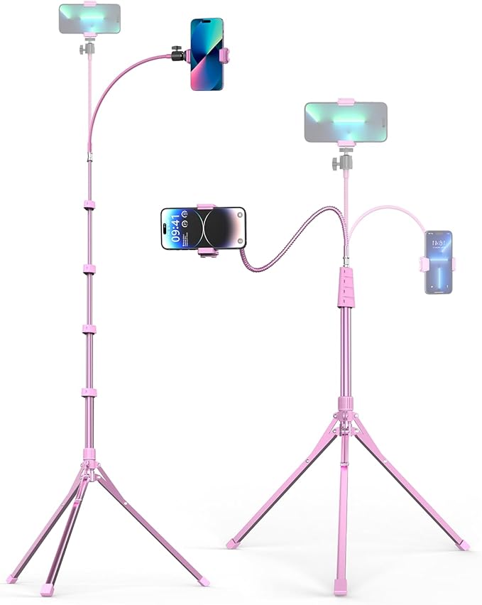 Aureday Phone Tripod, 92" Cell Phone Stand with 15" Gooseneck, Remote and Phone Holder, Overhead & Selfie Stick for Recording/Watching/Vlog, Compatible with iPhone Android, Pink by Aureday